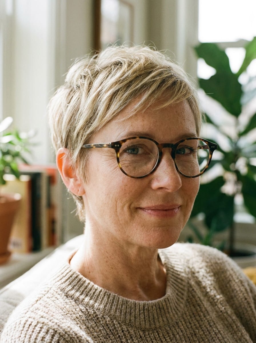 Blonder Pixie mit Brille - Kurzhaarfrisur mit Brille